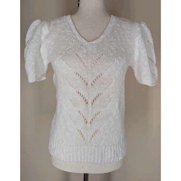 Vintage 80s Alicia Puff Sleeve Sweater Women Small Ivory Pastel Open Knit - Picture 1 of 7